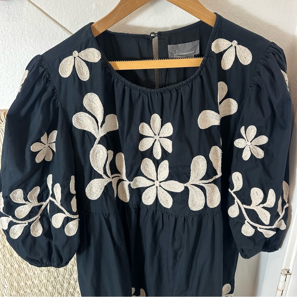 Anthropologie Embroidered Puff-Sleeve Midi Black Cream Sold Out Dress Medium - Picture 14 of 14